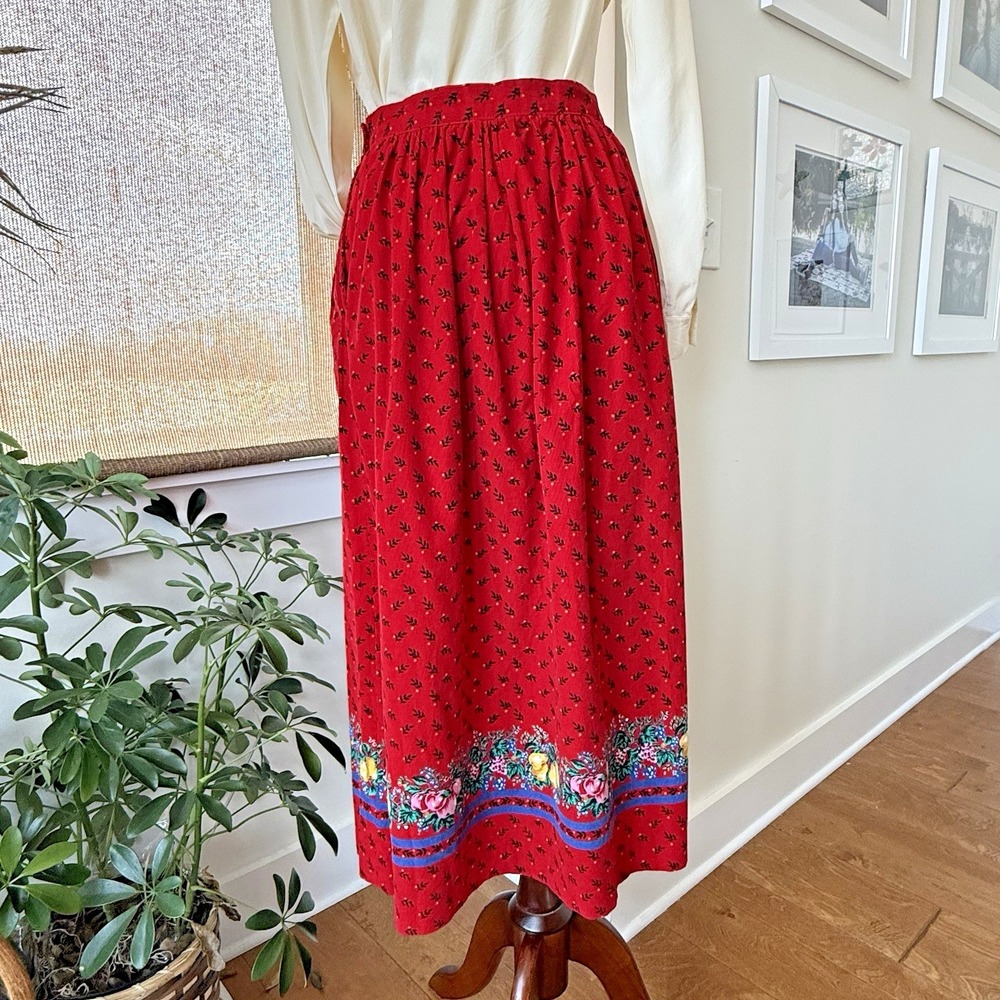 Vintage Bryn Connolly Corduroy Skirt Size 8 Red Fruit Border 90's Pleated Maxi